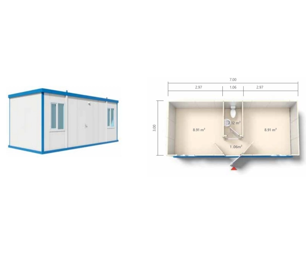 Kontener Mieszkalny 700 x 300 Dwa pokoje i WC 100mm PUR